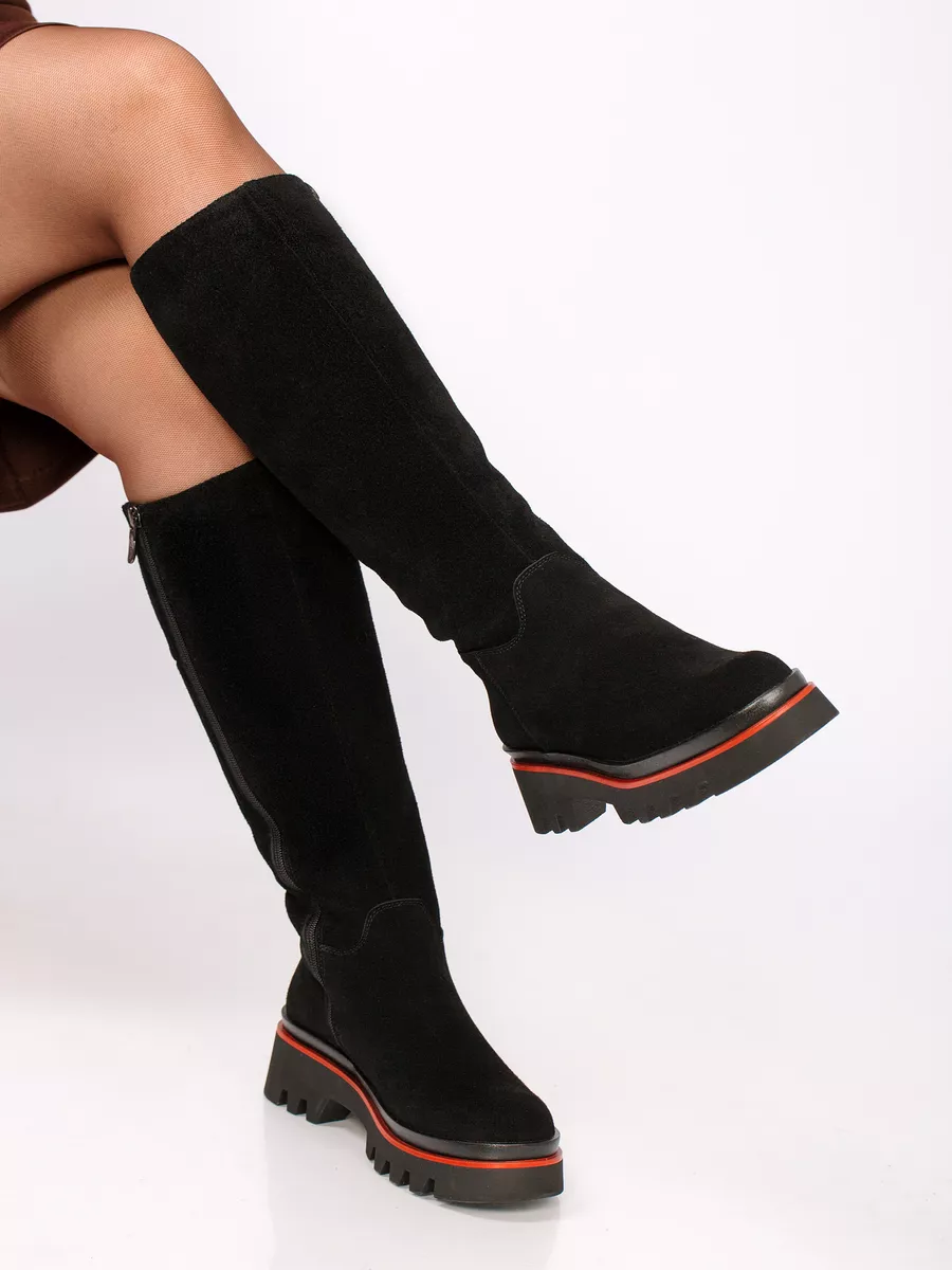 Сапоги женские зимние натуральная замша черные высокие XJU-12751-2A-SW