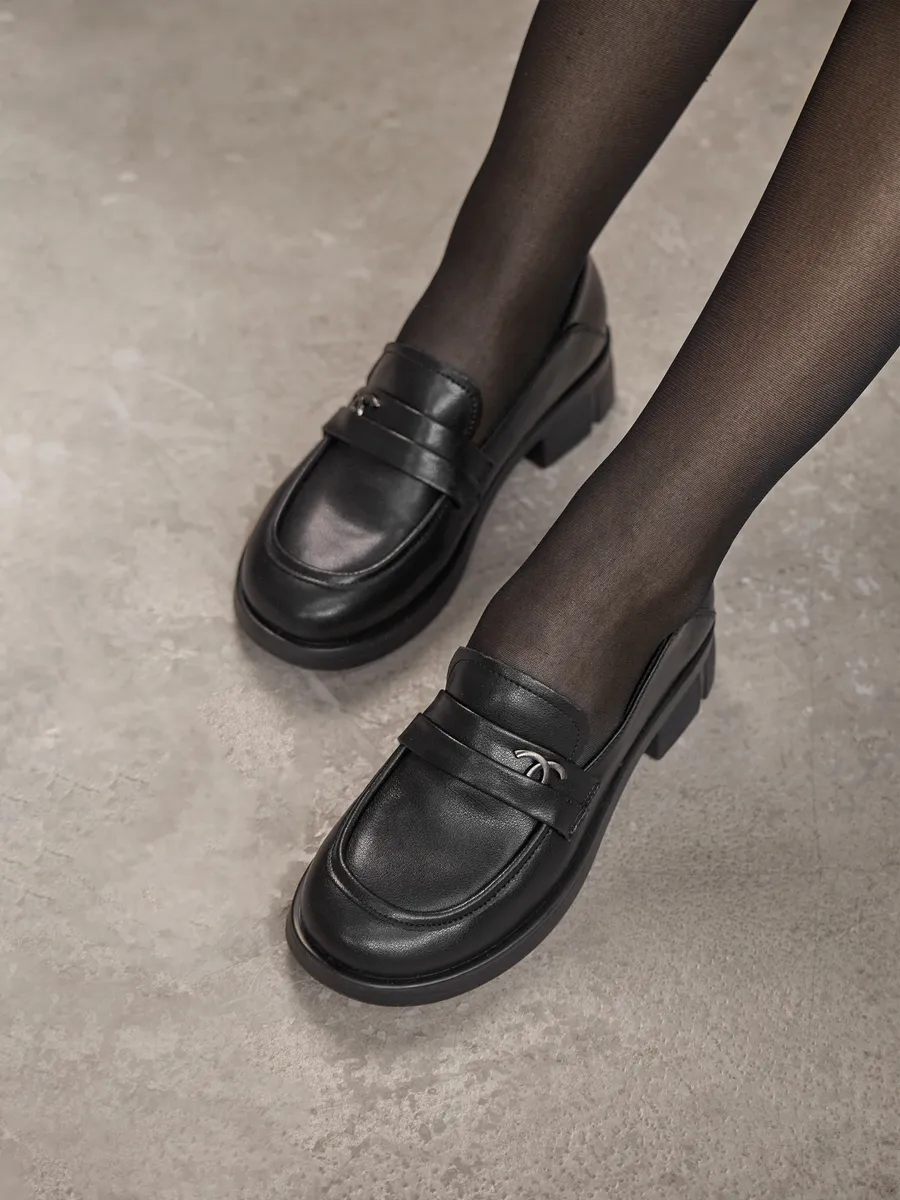 Лоферы женские натуральная кожа черные школьные GJ031-010